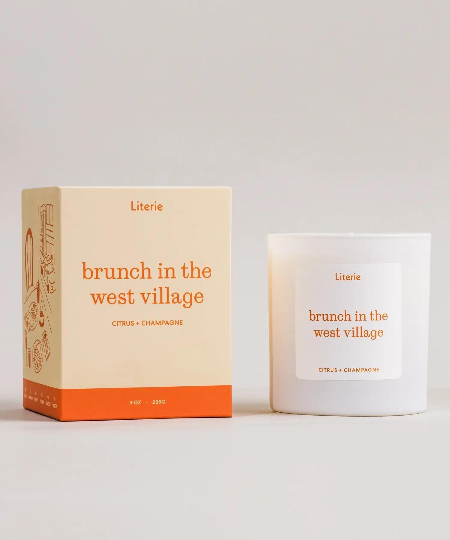 Candle and packaging of 'brunch in the west village' by Literie on a light gray background