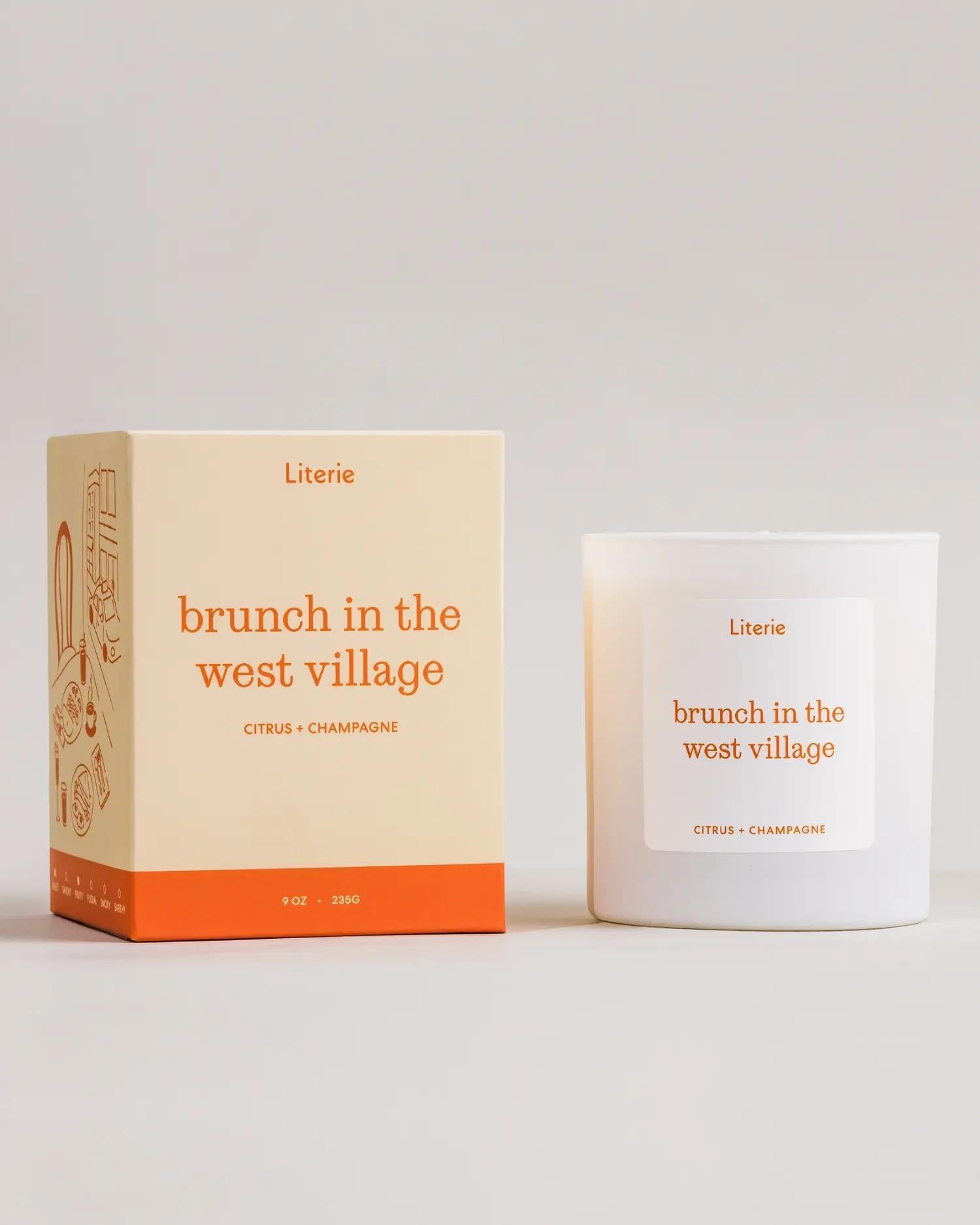 Candle and packaging of 'brunch in the west village' by Literie on a light gray background