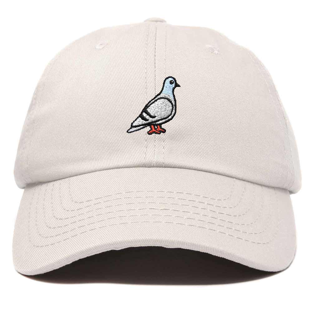 Beige cap with a pigeon emblem on a white background