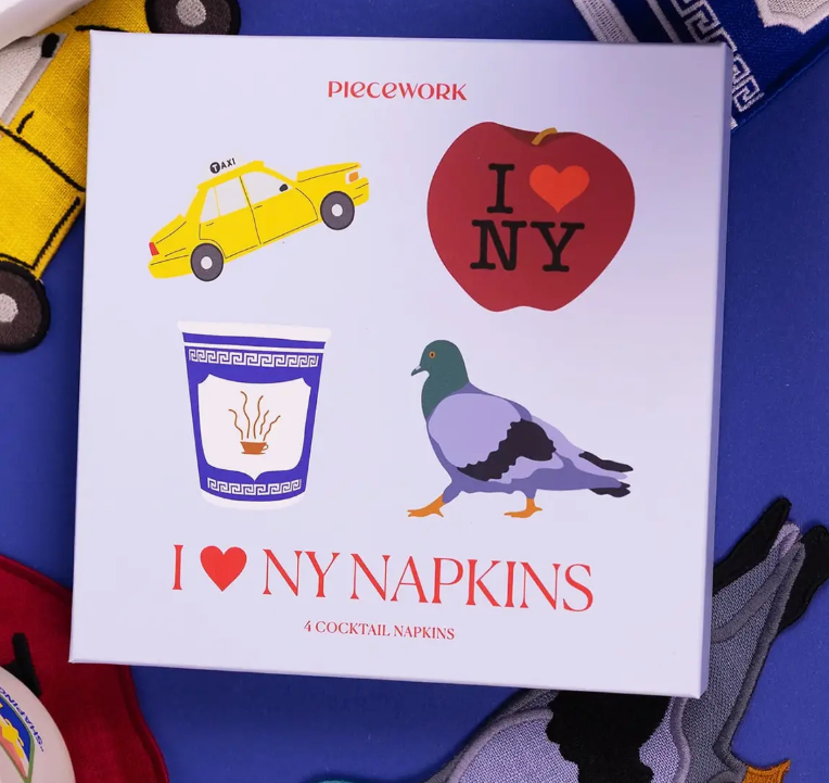 Piecwork cocktail napkins Box of 'I ❤️ NY' napkins with illustrations on a blue background