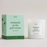 Weekends on the golf course themed candle with scent fresh cut grass