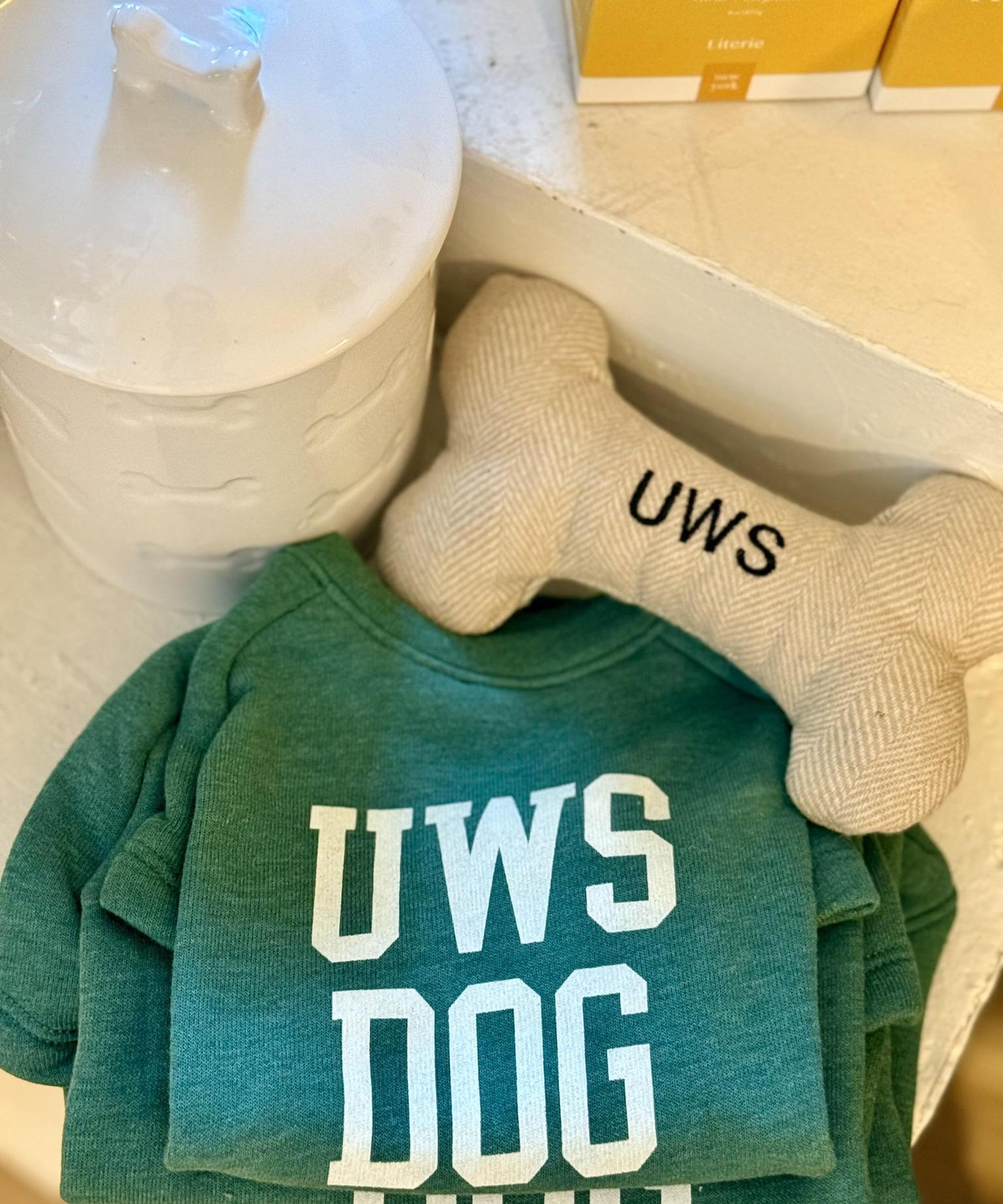 UWS upper west side dog sweatshirt green and white