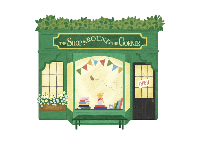 a whimsical illustration of the shop around from the movie you've got mail on a print 
